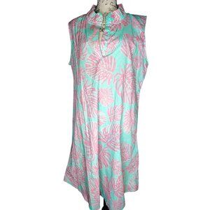 Haley & the Hound XL Cotton Dress, Sleeveless Pink Light Blue Palm Leaf V Neck